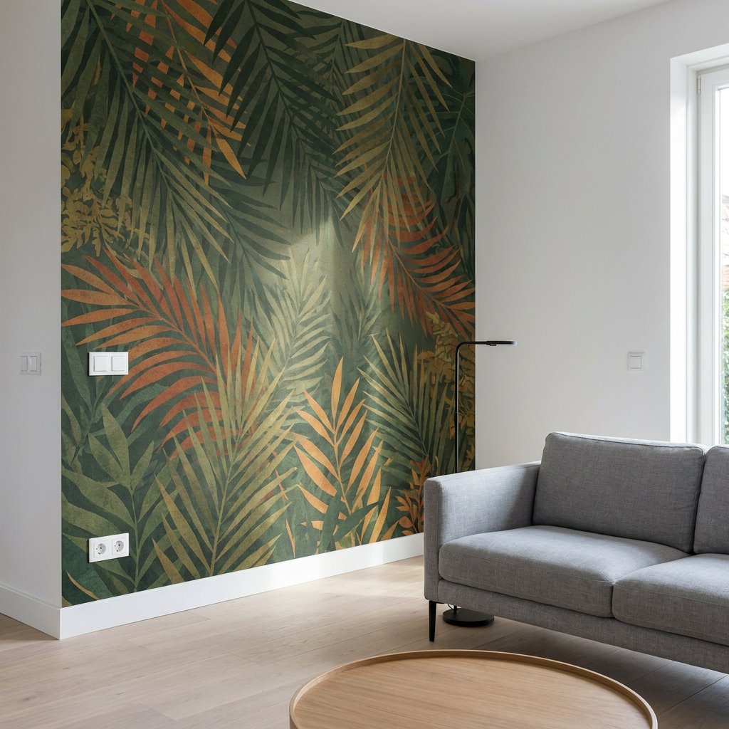 Moderne Nederlandse woonkamer met luxe tropisch behang in diepe groentinten op een feature wall, licht eiken vloer en zacht daglicht dat de matte textuur toont.