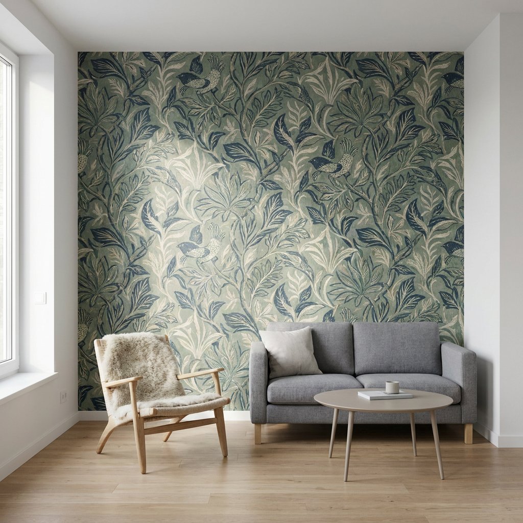 Luxe designbehang op een feature wall in een modern Nederlands interieur, met rijke textuur, lichte eiken vloer, minimalistische meubels en zacht daglicht.