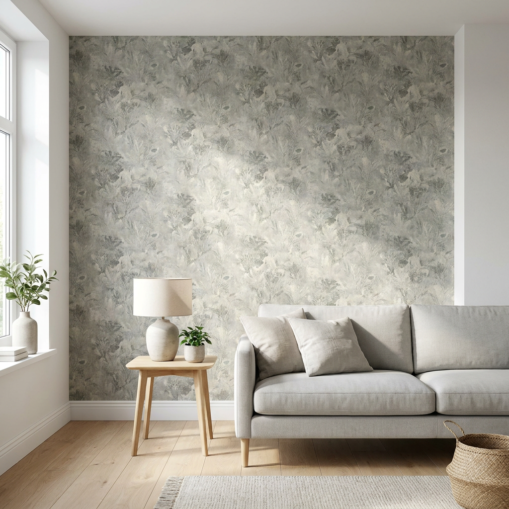 Moderne Nederlandse woonkamer met luxe vliesbehang op de accentmuur, subtiele botanische en grafische print, licht eiken vloer en zacht daglicht.