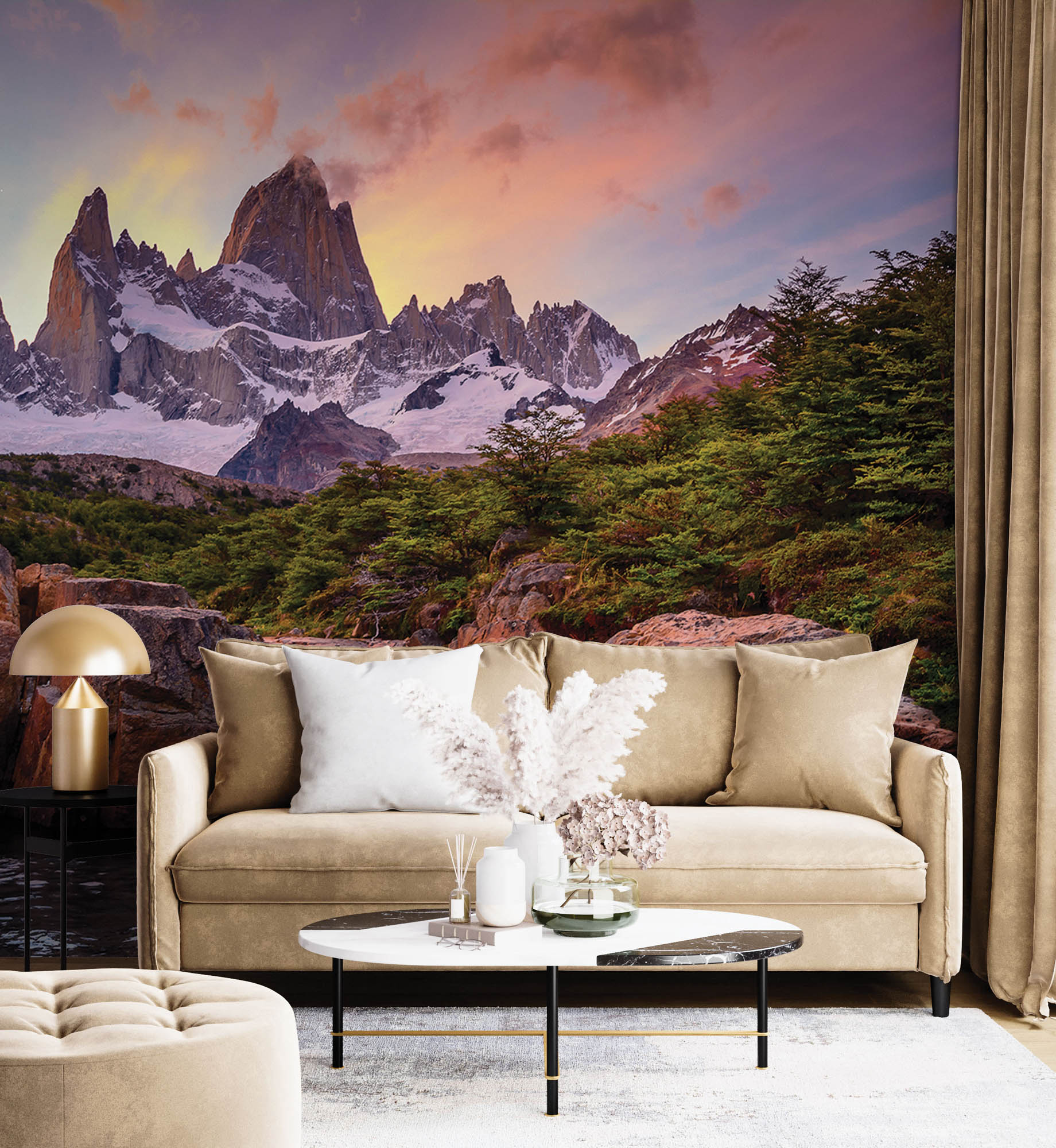 Besneeuwde bergtoppen met waterval - LW00274 Fotobehang