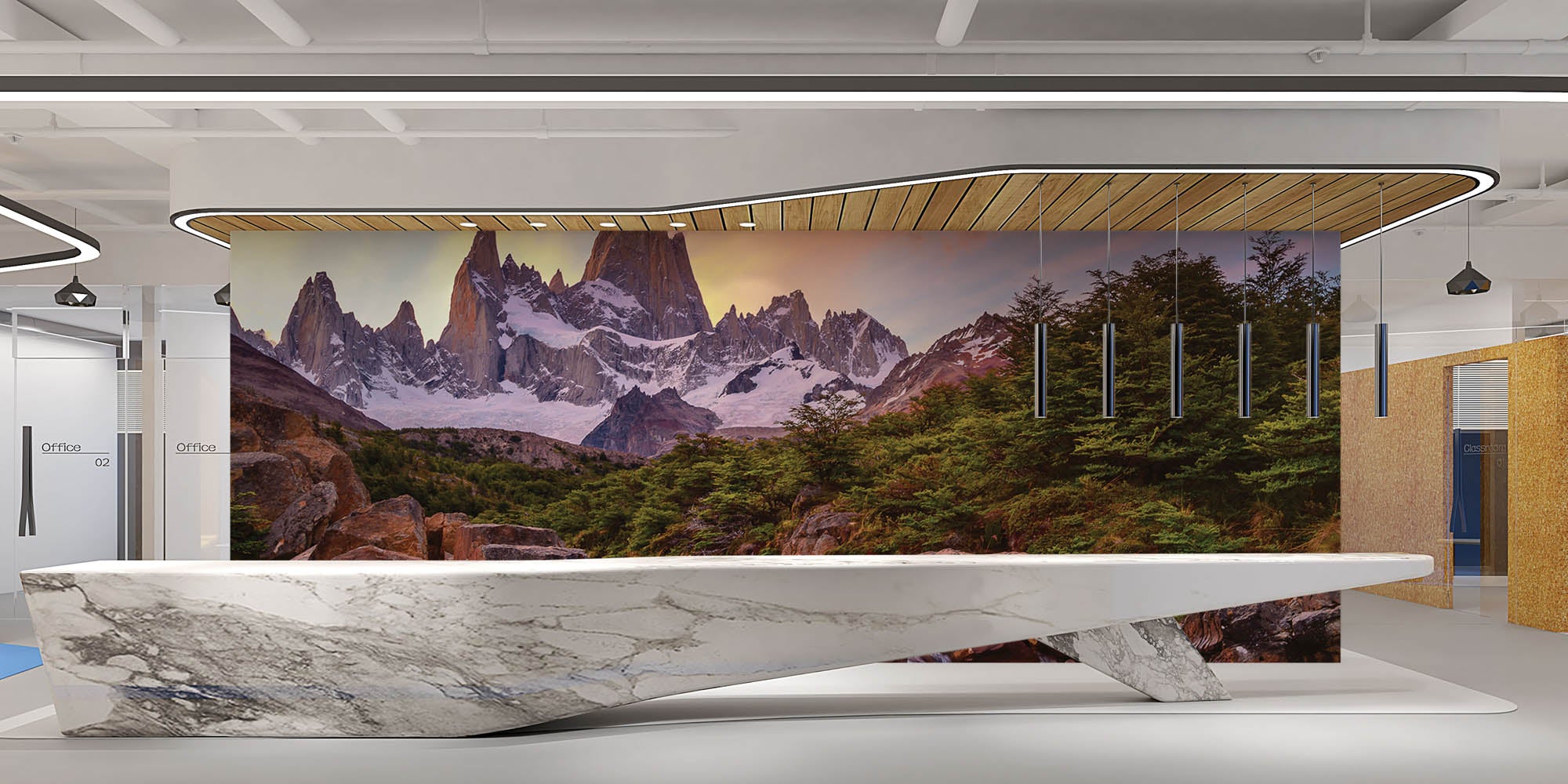 Besneeuwde bergtoppen met waterval - LW00274 Fotobehang