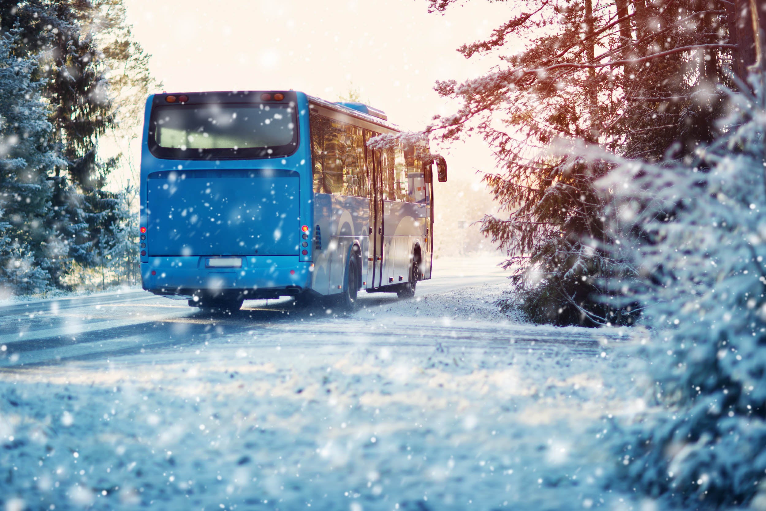 Blauwe Bus Rijdend Door de Wintersneeuw - LW00946 Fotobehang