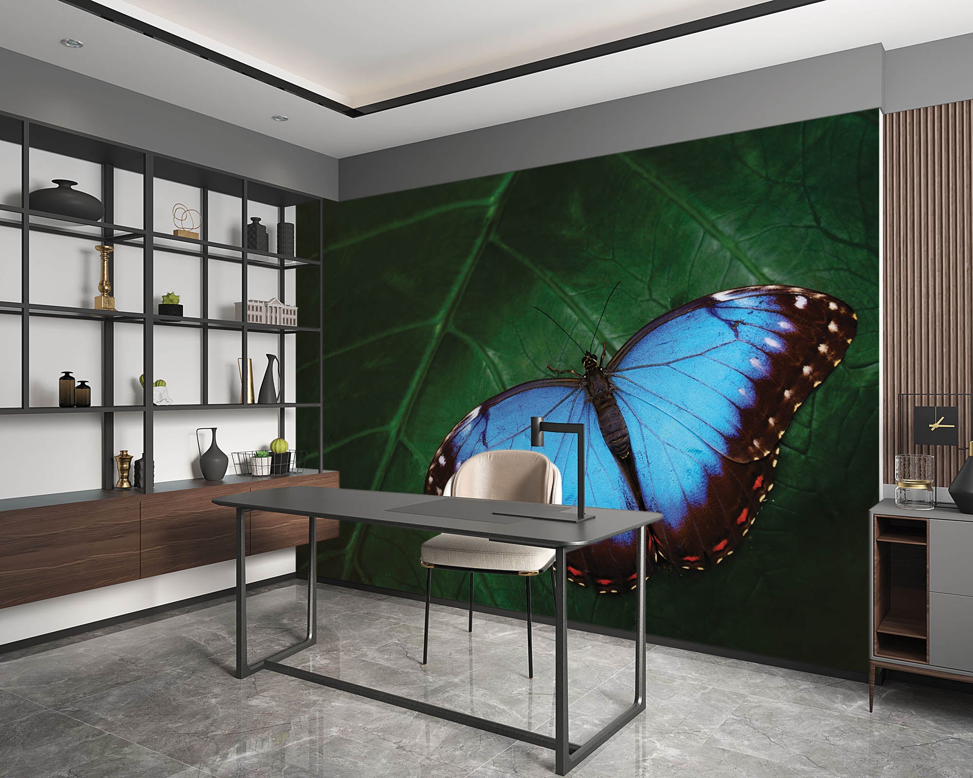 Blauwe vlinder op blad - LW00172 Fotobehang