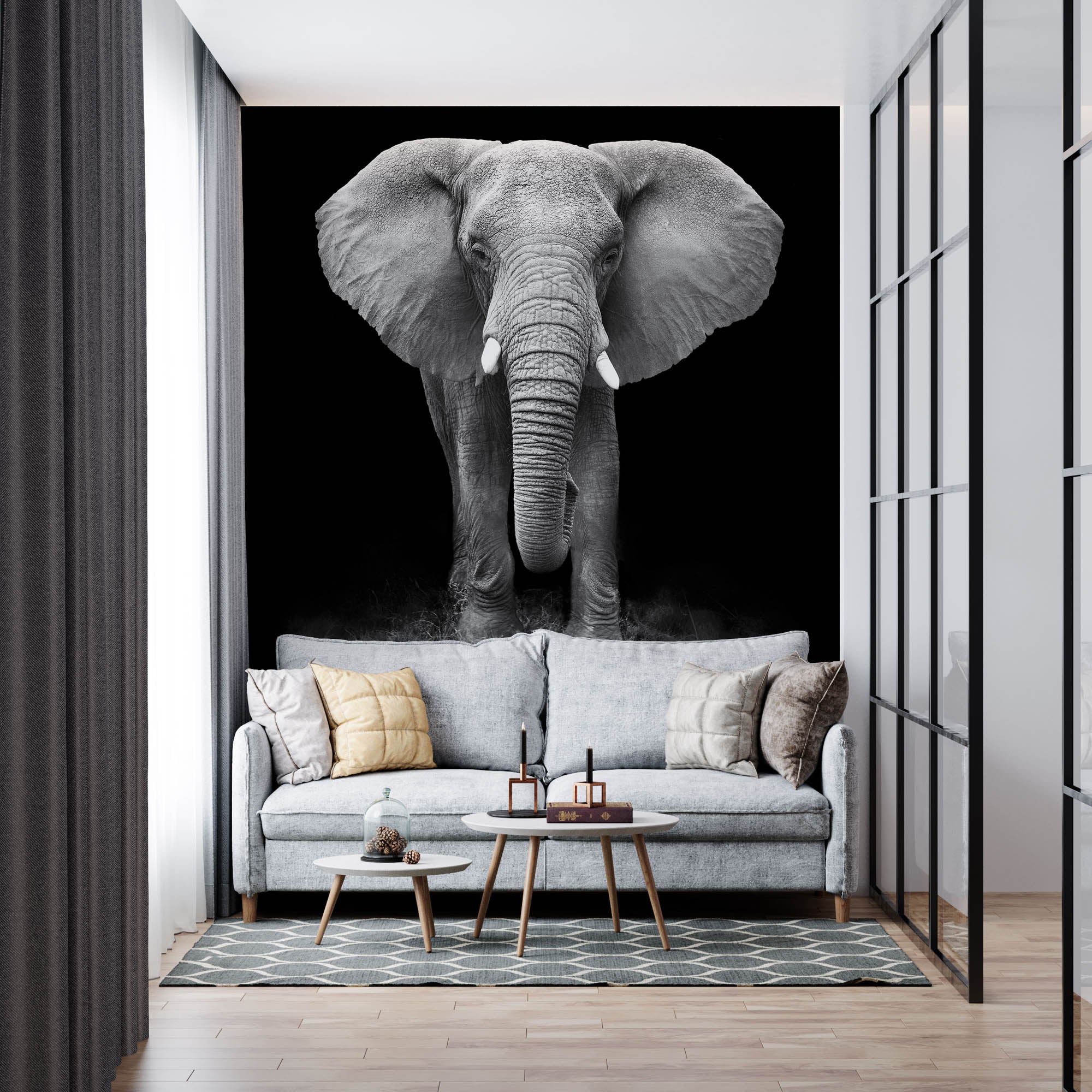Een olifant verlicht op zwarte achtergrond- LW00211 Fotobehang
