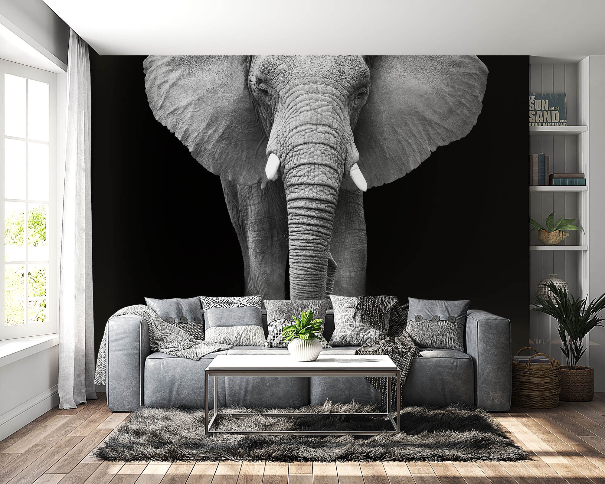 Een olifant verlicht op zwarte achtergrond- LW00211 Fotobehang