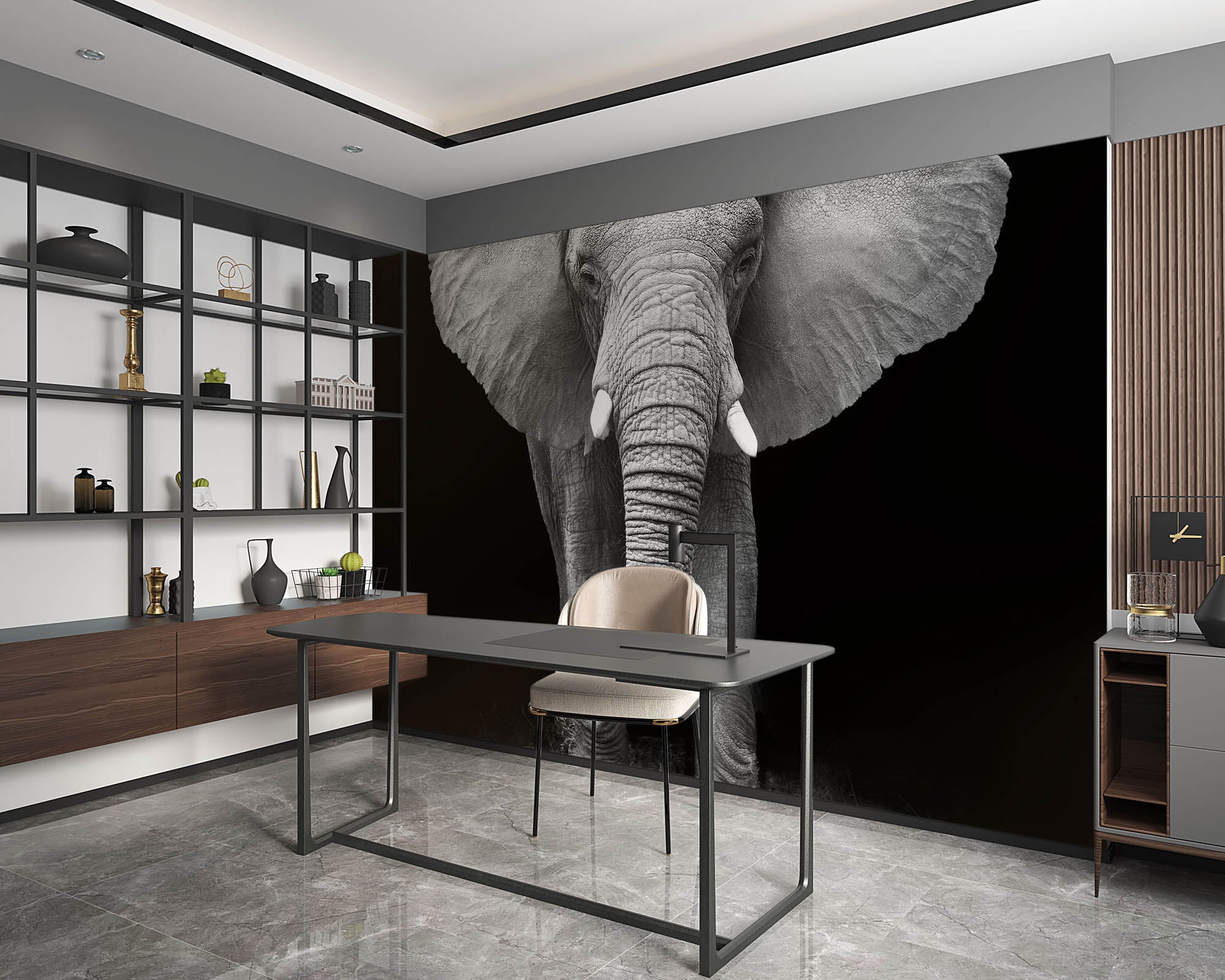 Een olifant verlicht op zwarte achtergrond- LW00211 Fotobehang