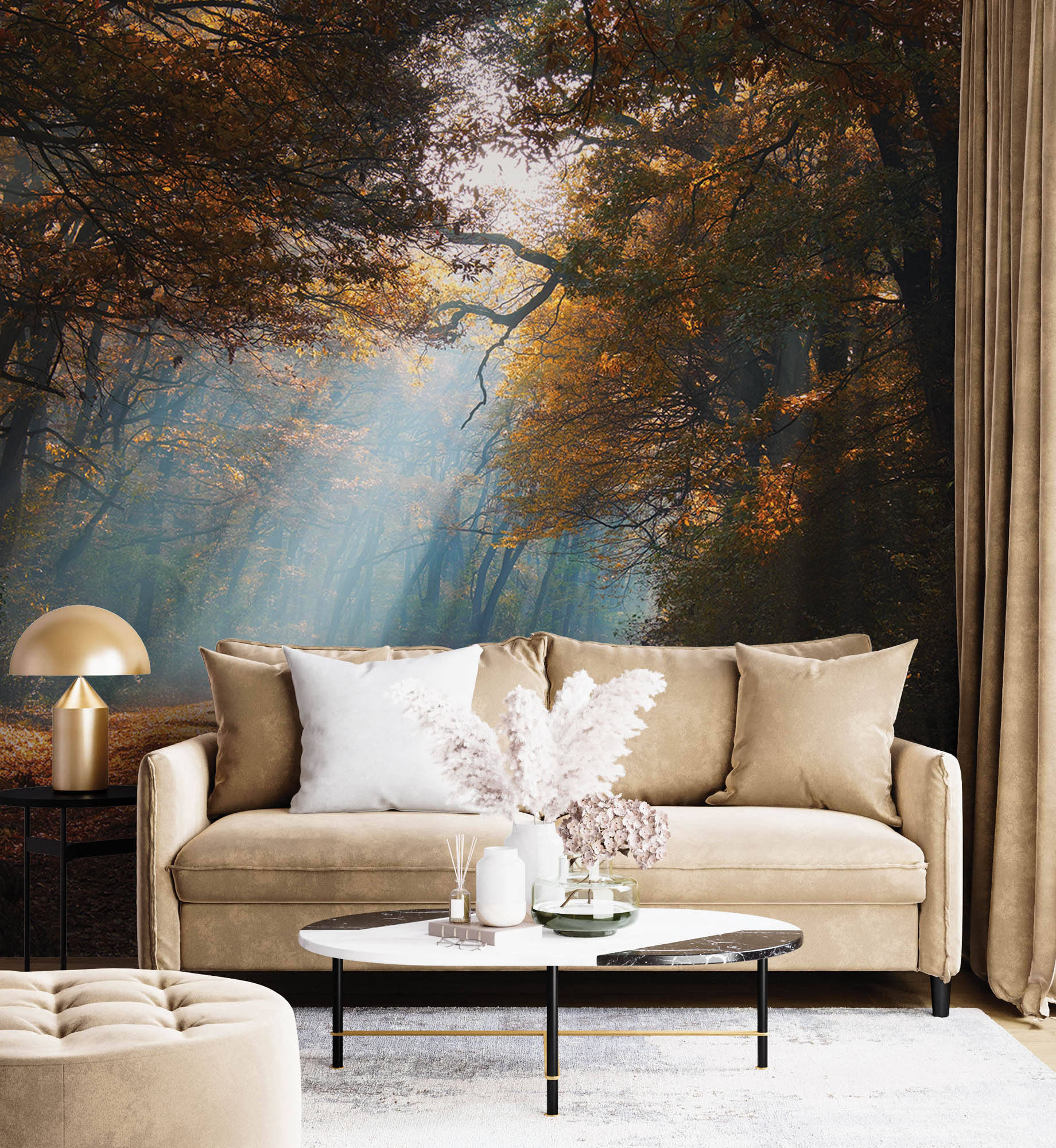 Een weg door mistig herfstbos - LW00259 Fotobehang