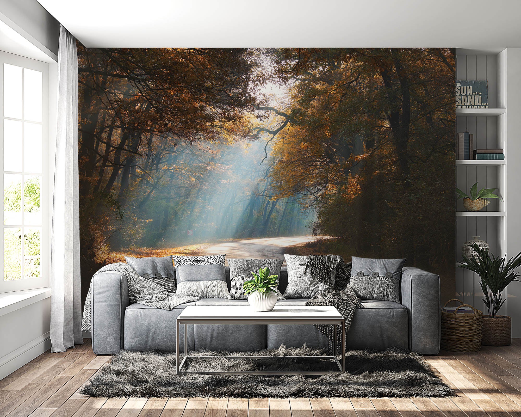 Een weg door mistig herfstbos - LW00259 Fotobehang