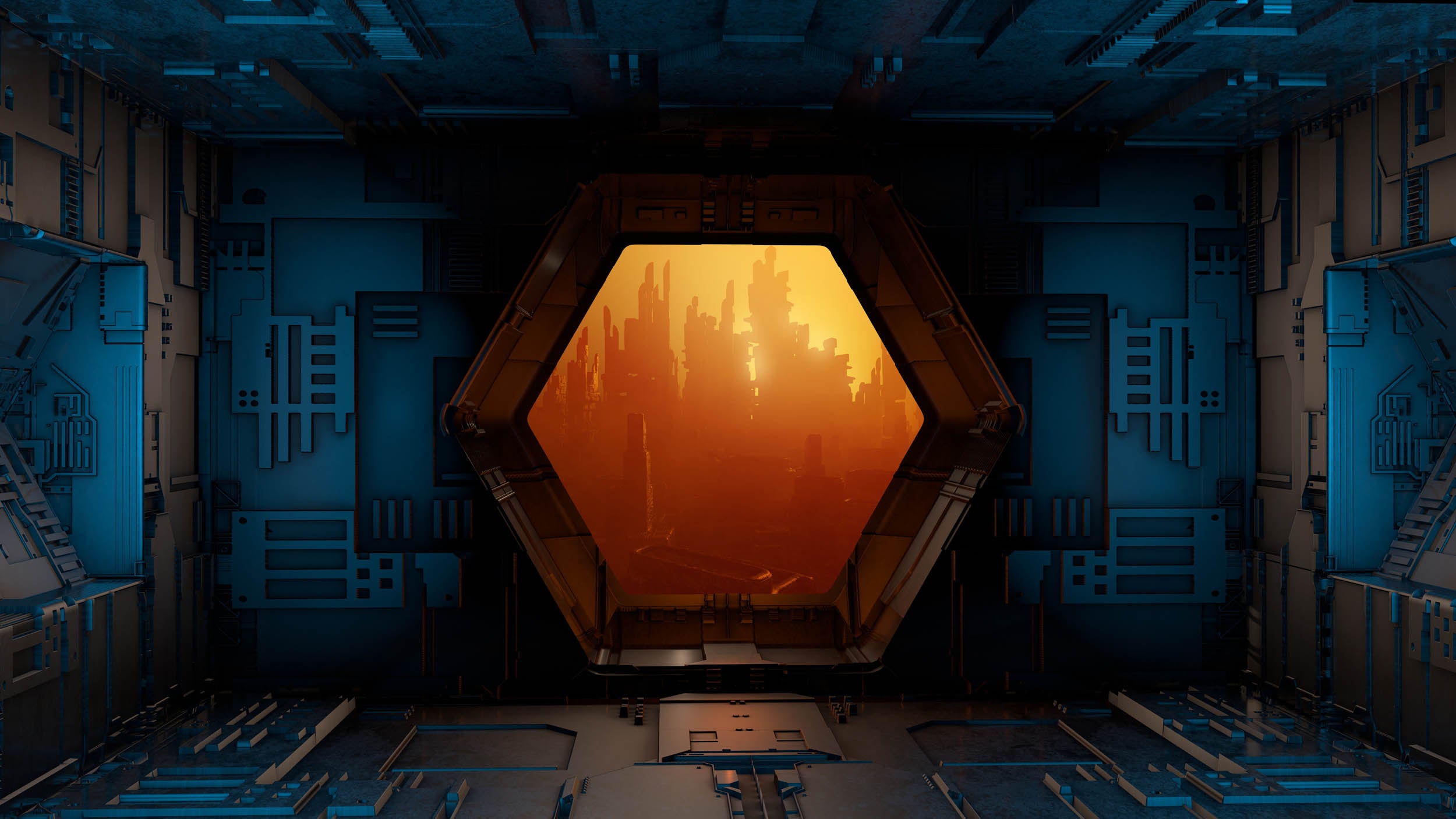 Futuristische Hexagonale Raamuitzicht - LW00853 Fotobehang