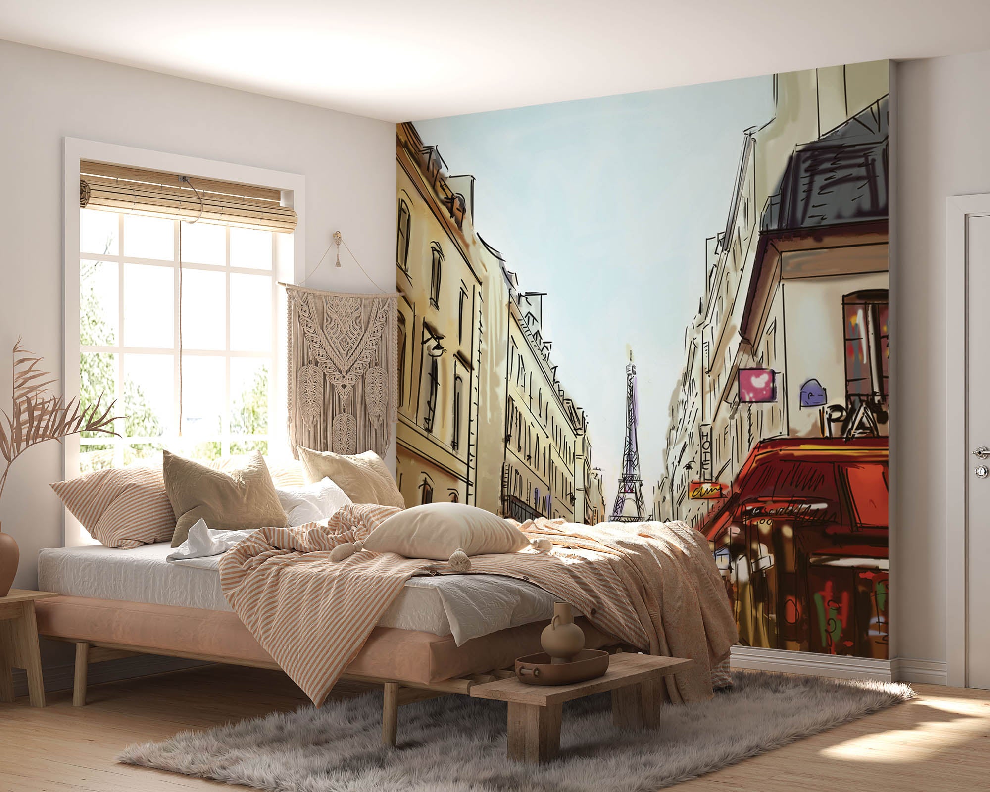 Getekende straat met uitzicht op de Eifeltoren - LW00357 Fotobehang