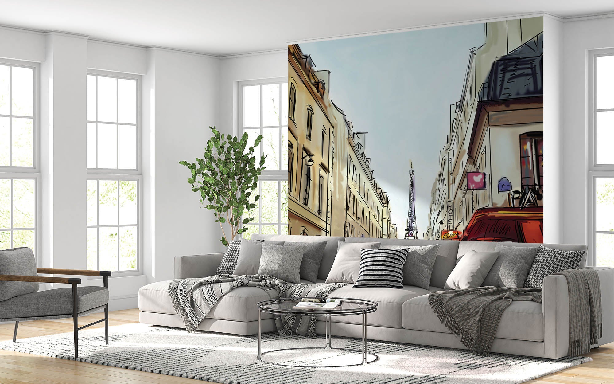 Getekende straat met uitzicht op de Eifeltoren - LW00357 Fotobehang