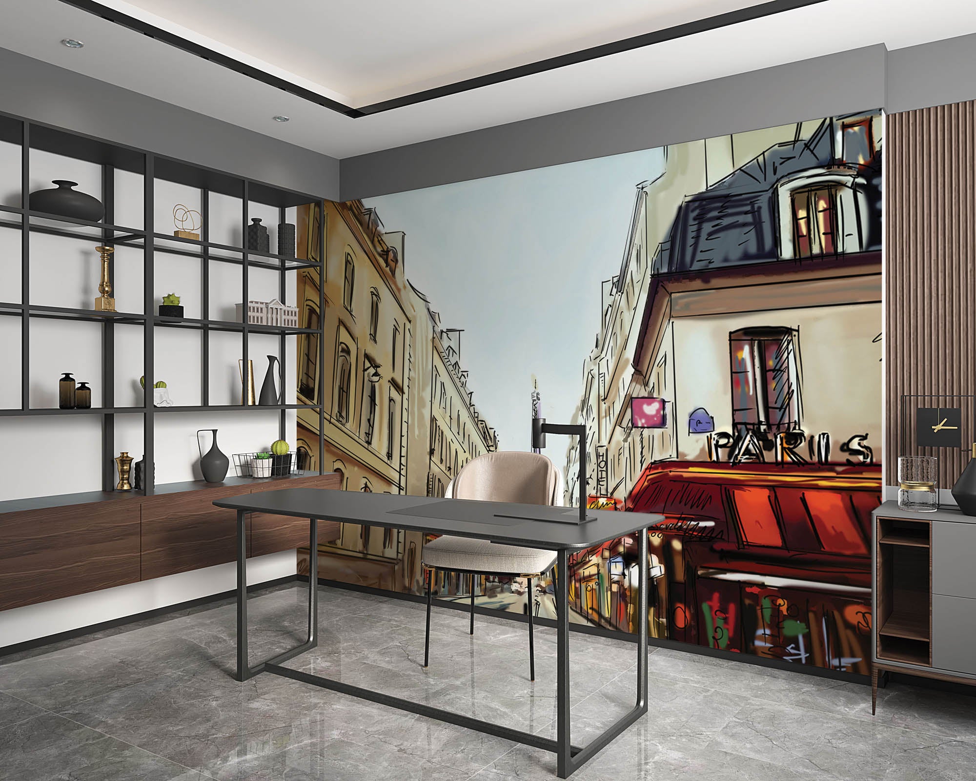 Getekende straat met uitzicht op de Eifeltoren - LW00357 Fotobehang