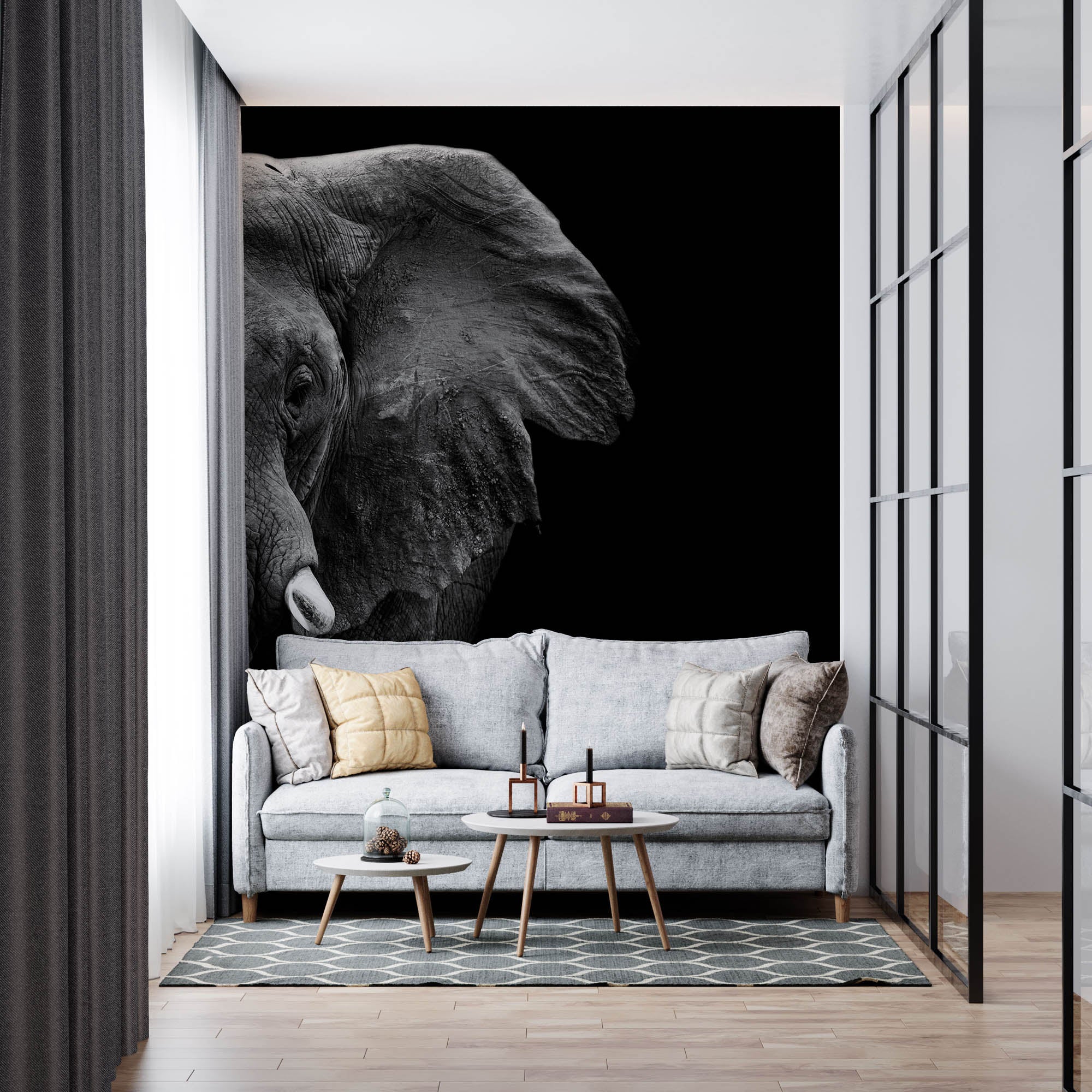 Half beeld van olifantenhoofd in zwart-wit - LW00231 Fotobehang