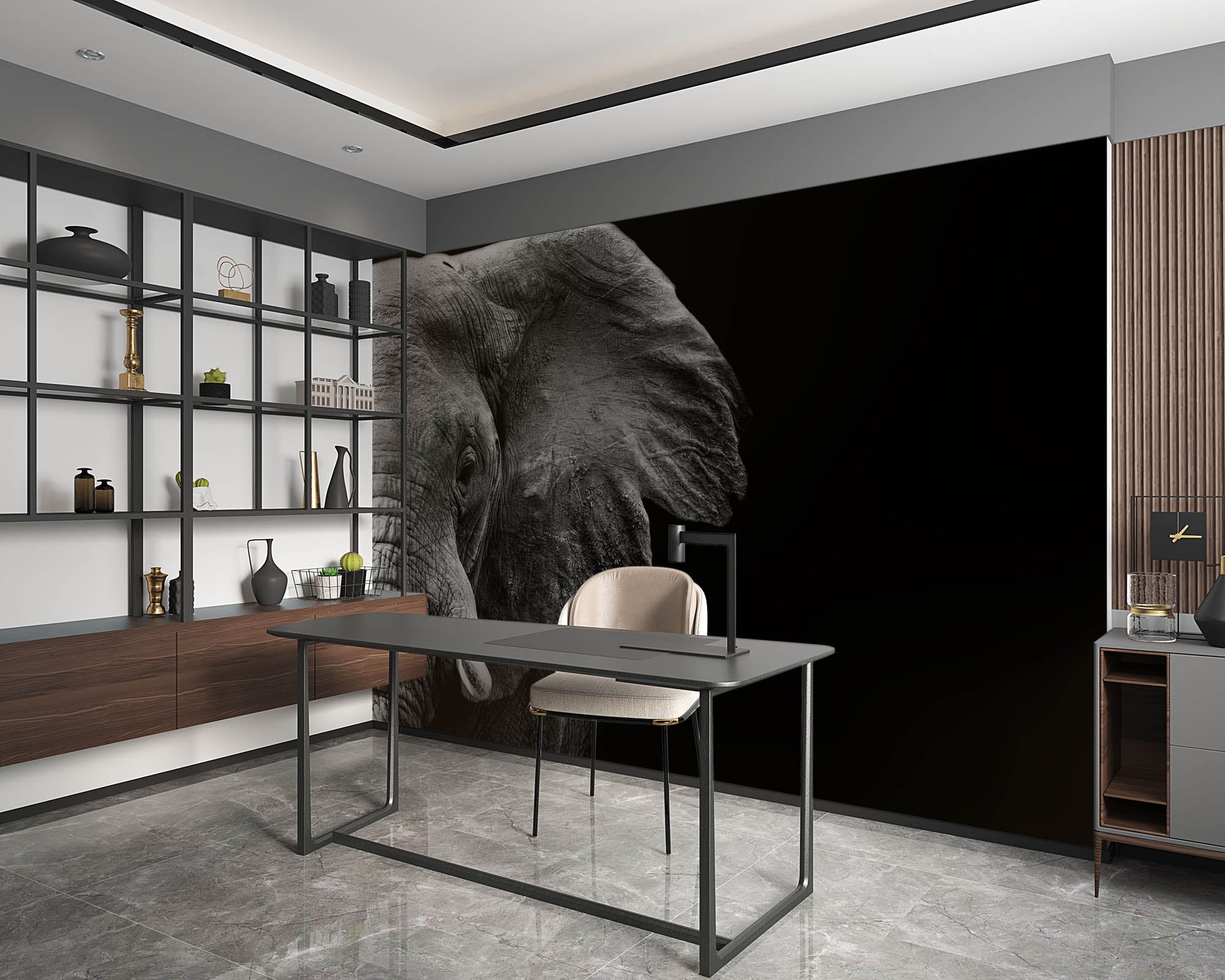 Half beeld van olifantenhoofd in zwart-wit - LW00231 Fotobehang