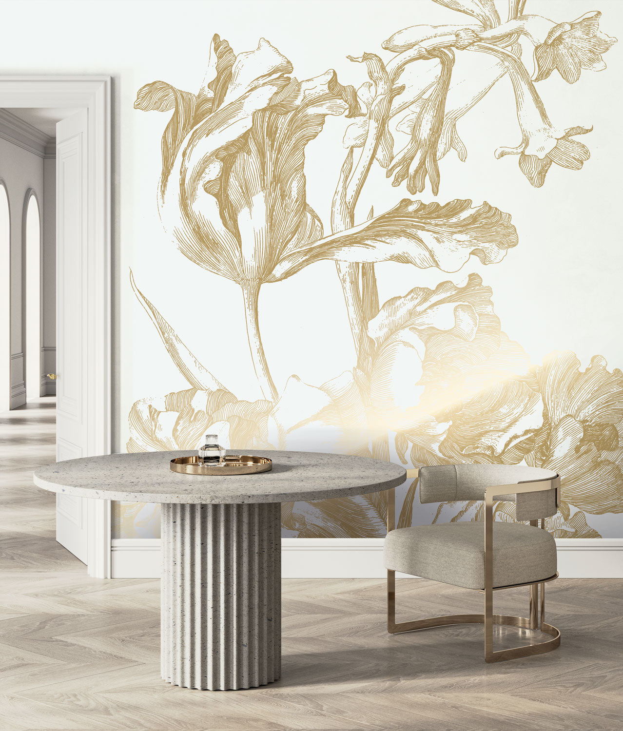 KEK Amsterdam Gold Metallic Engraved Flowers MW-122 - 4 Sheets Behang
