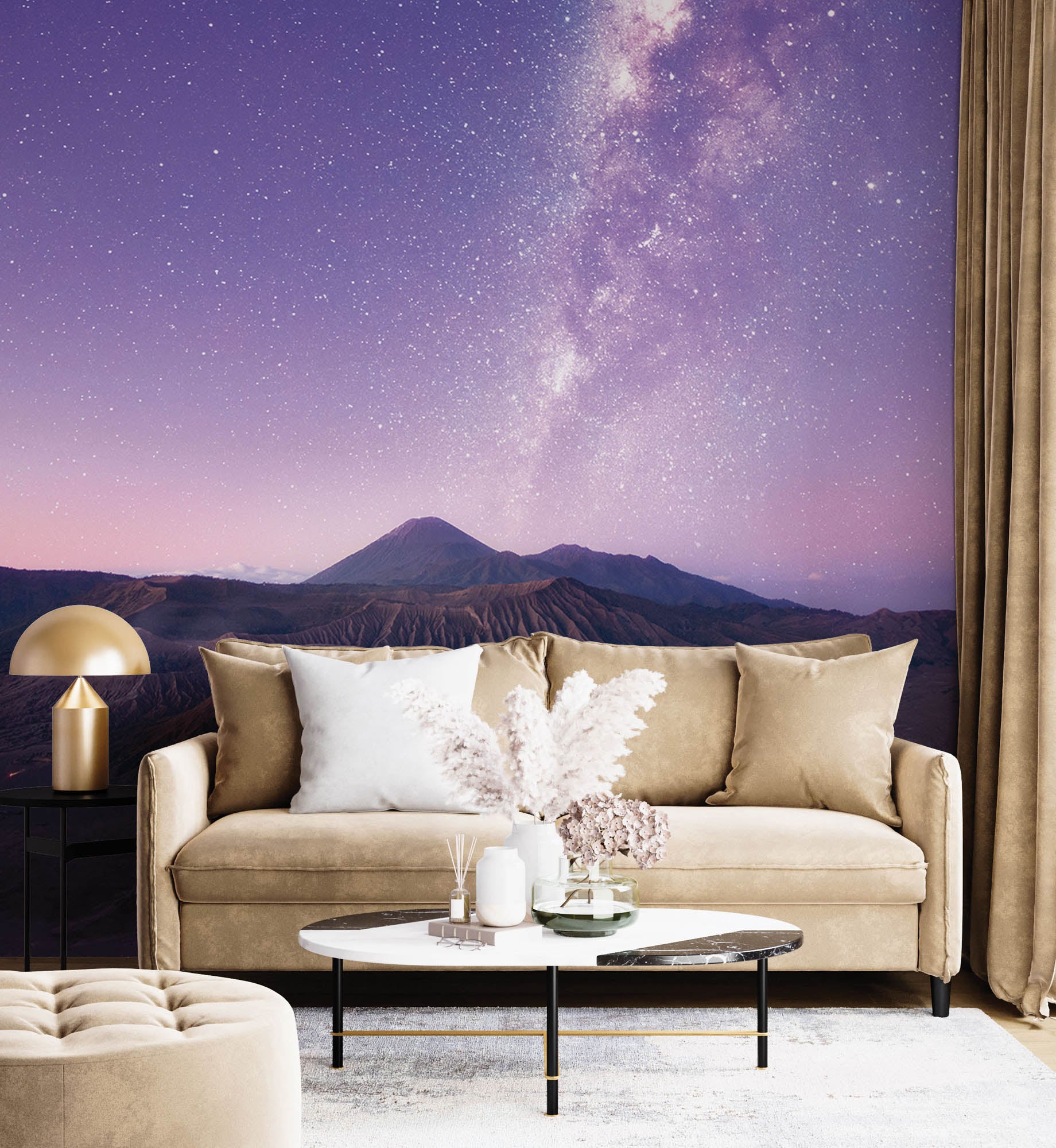 Melkweg en bergen in rood paarse kleuren - LW00285 Fotobehang