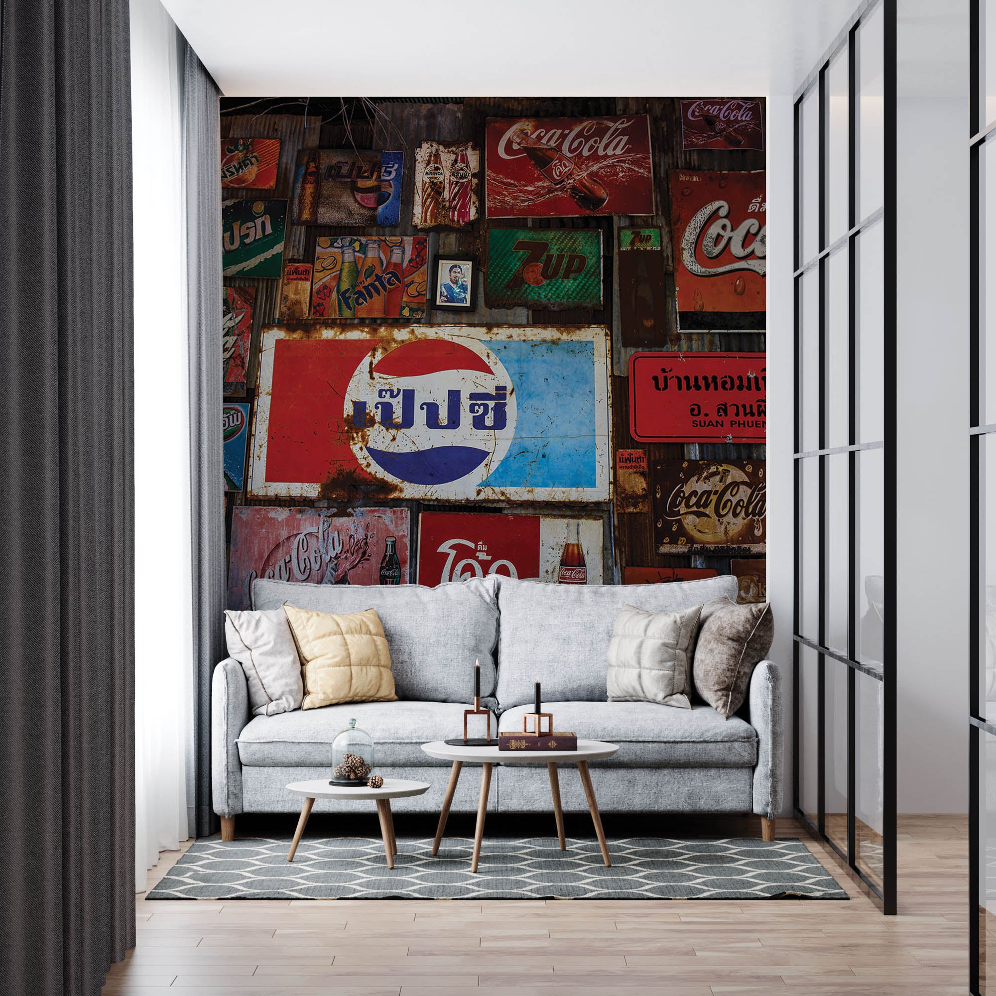 Muur met vintage logo's frisdranken - LW00426 Fotobehang