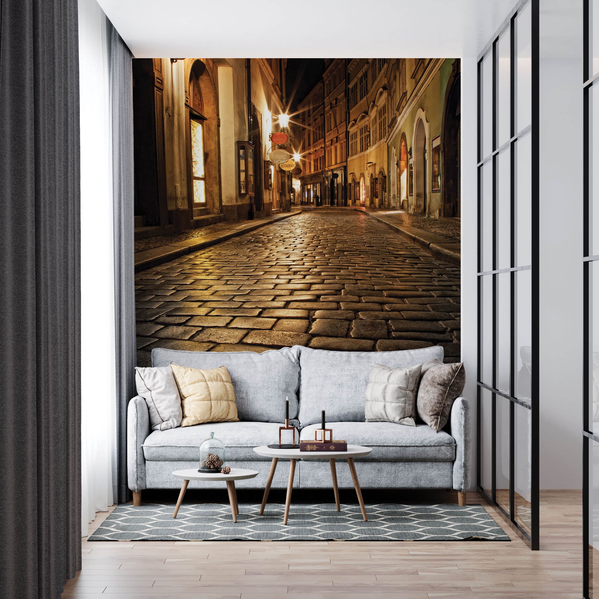 Nauwe verlichte steeg in Praag - LW00346 Fotobehang