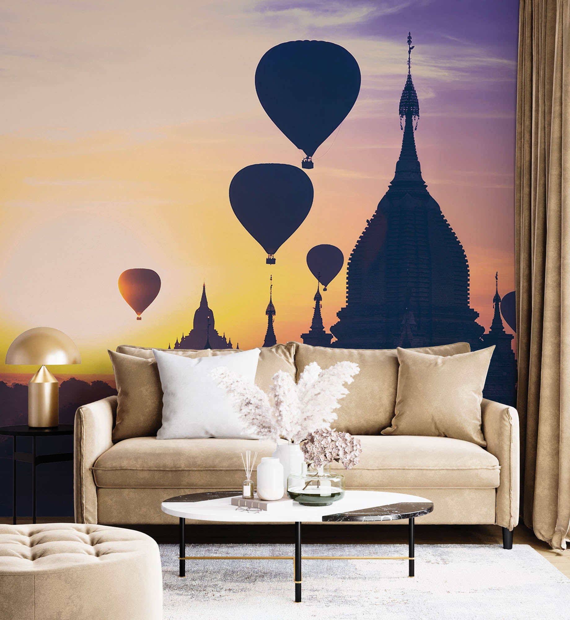 Silhouetten van Luchtballonnen bij een Boeddhistische tempel - LW00061 Fotobehang