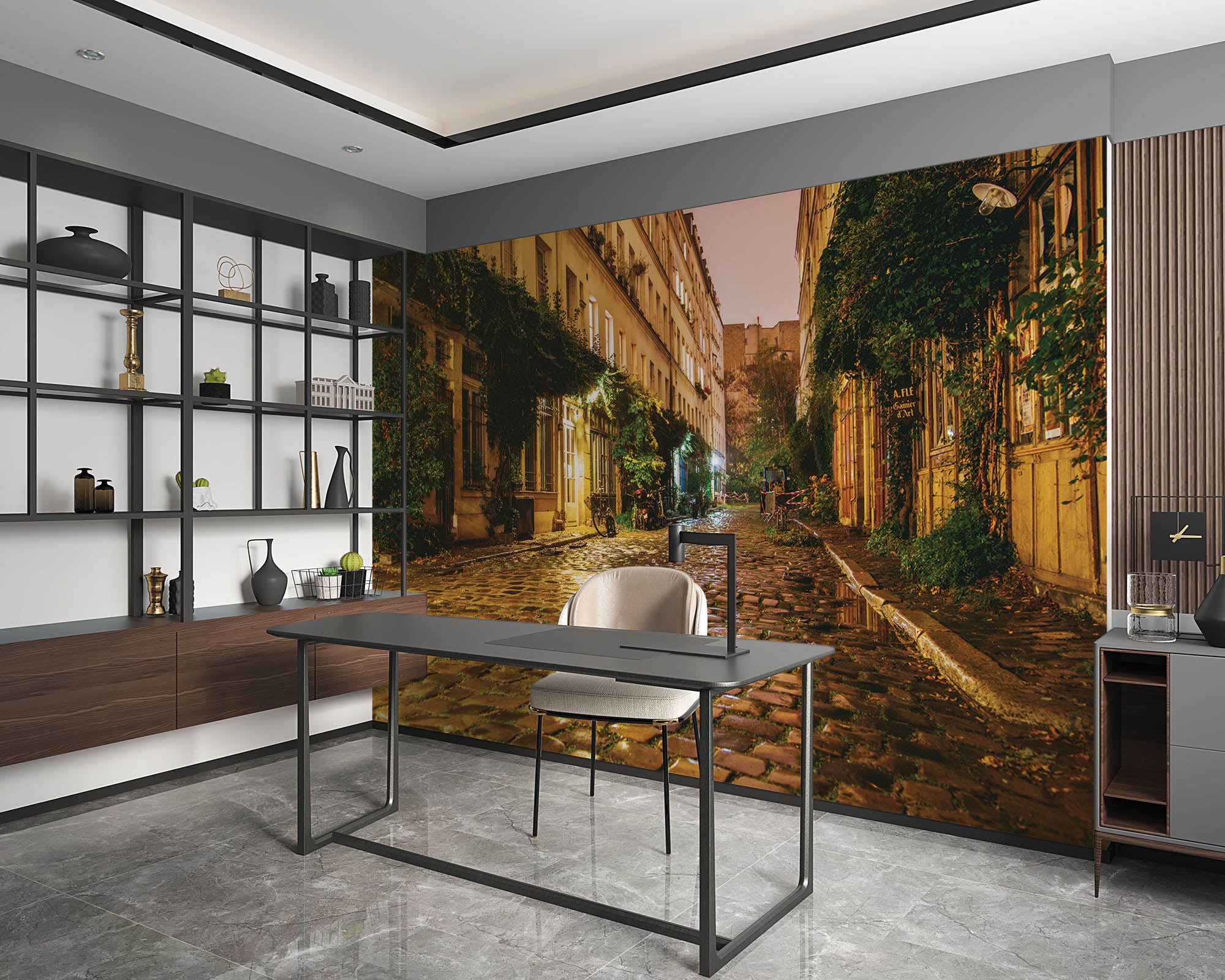 Straat in Parijs met een retro oude stenen weg - LW00372 Fotobehang