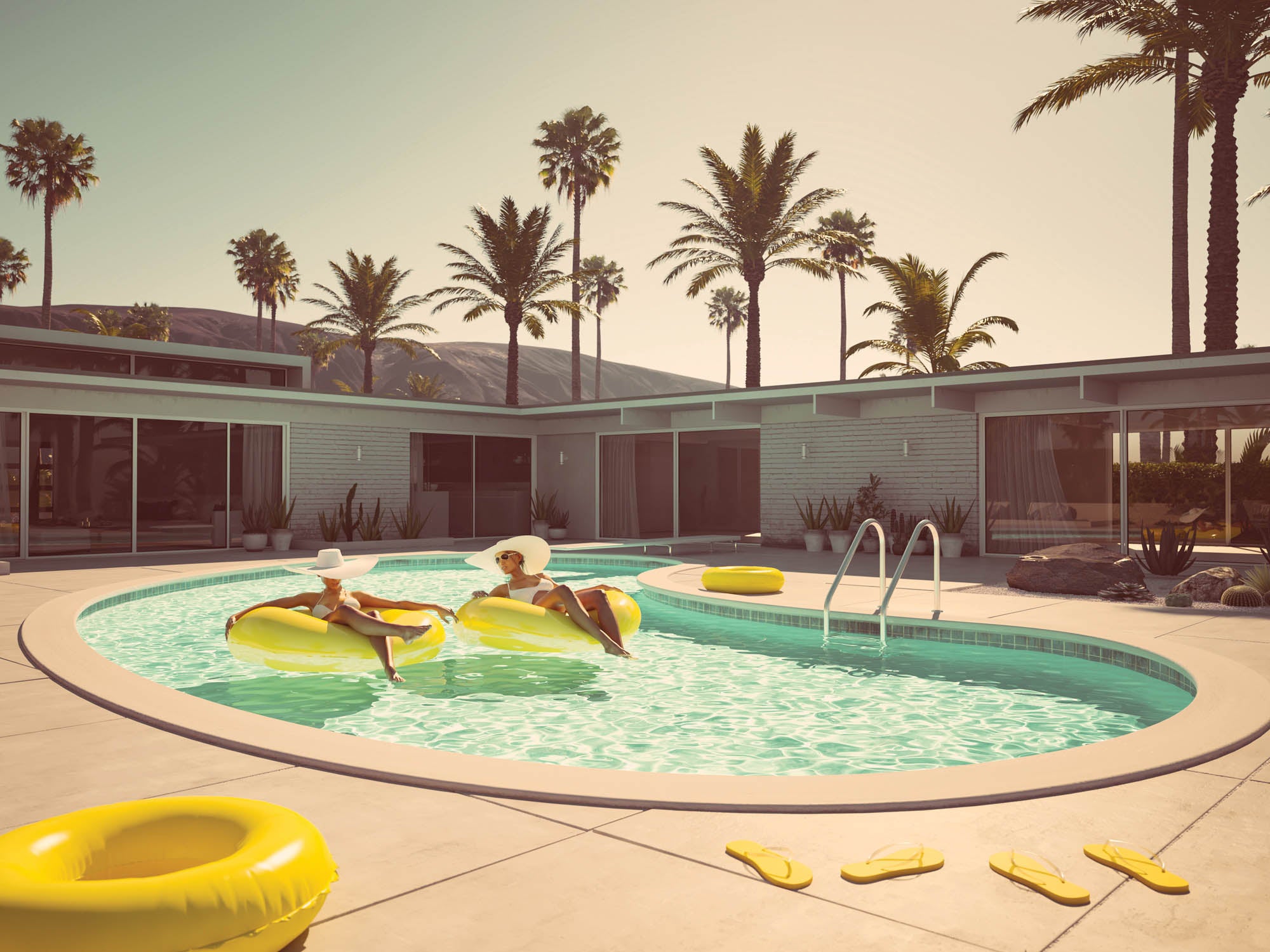 Vintage foto zwembad - LW00443 Fotobehang