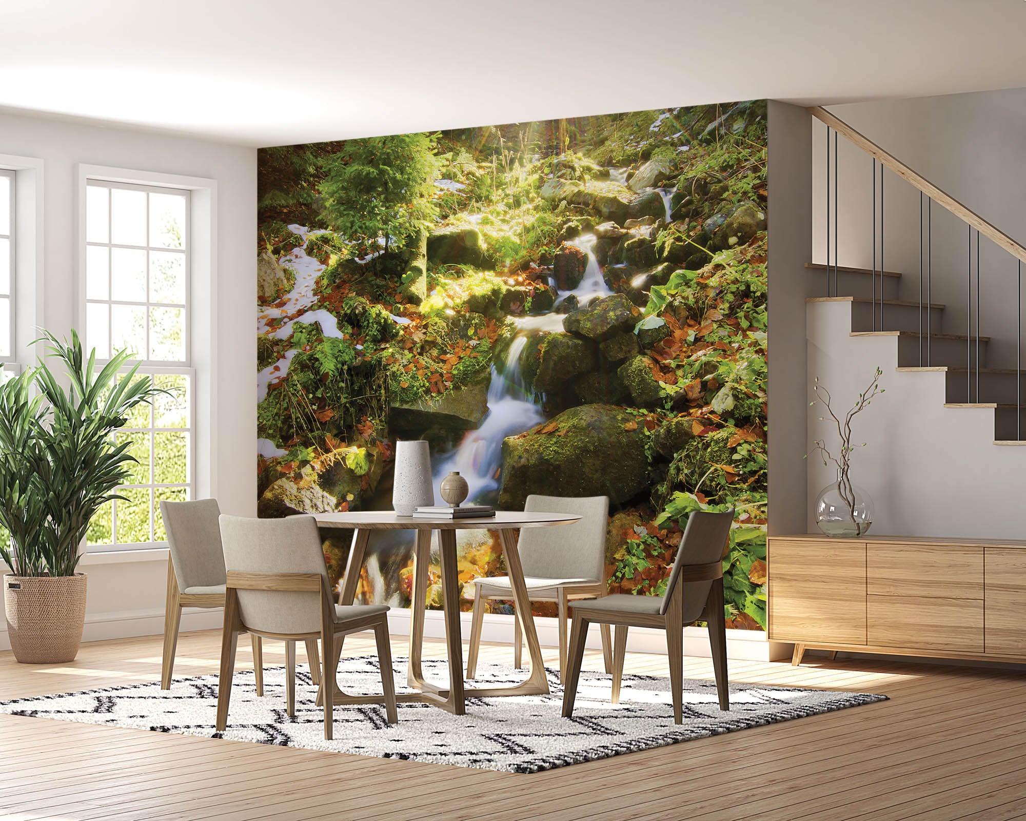 Waterval met de zon schijnend door de bomen - LW00250 Fotobehang