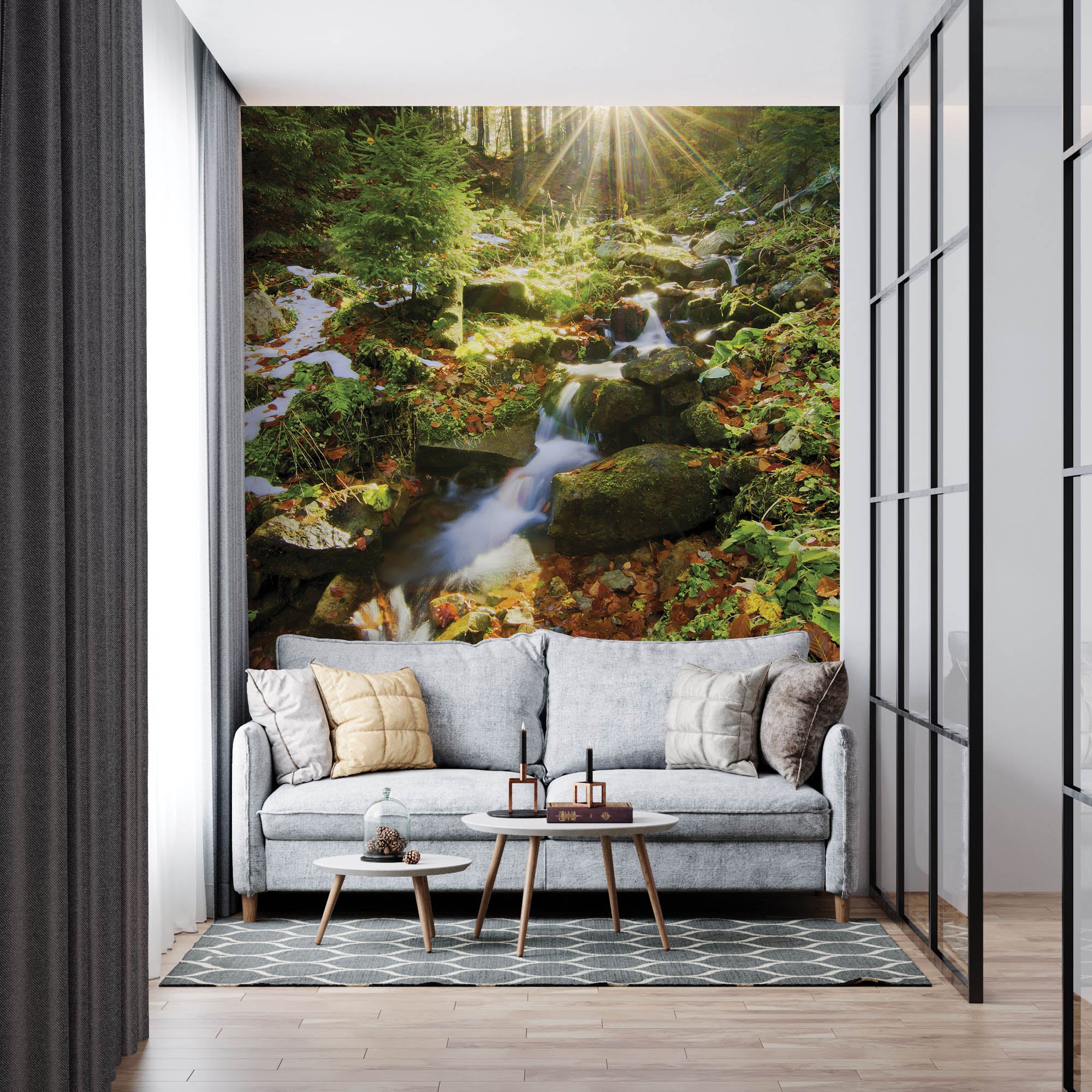 Waterval met de zon schijnend door de bomen - LW00250 Fotobehang