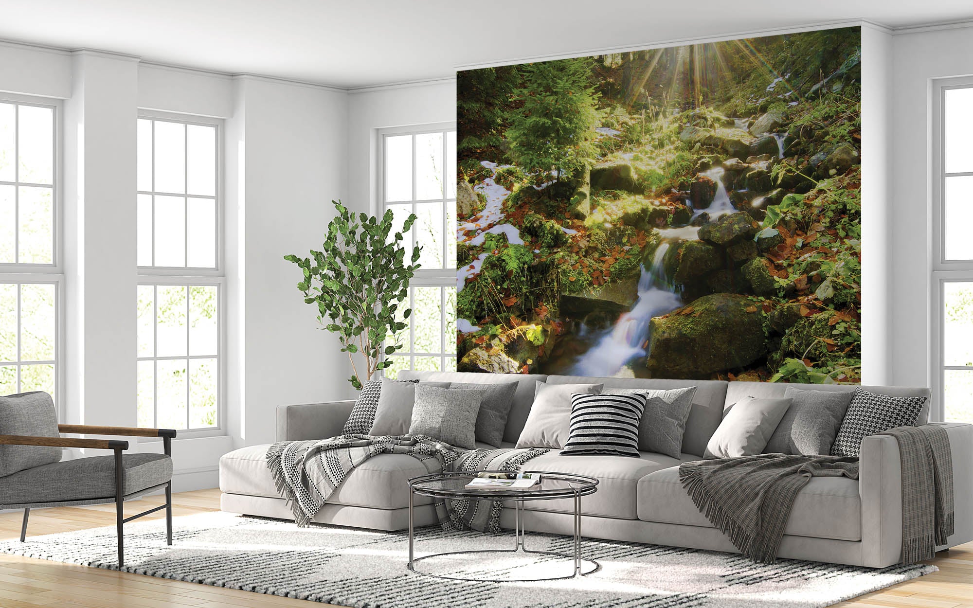 Waterval met de zon schijnend door de bomen - LW00250 Fotobehang