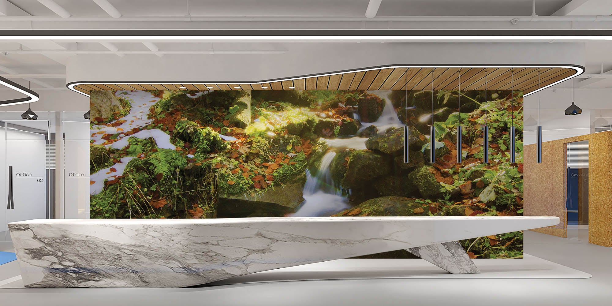 Waterval met de zon schijnend door de bomen - LW00250 Fotobehang