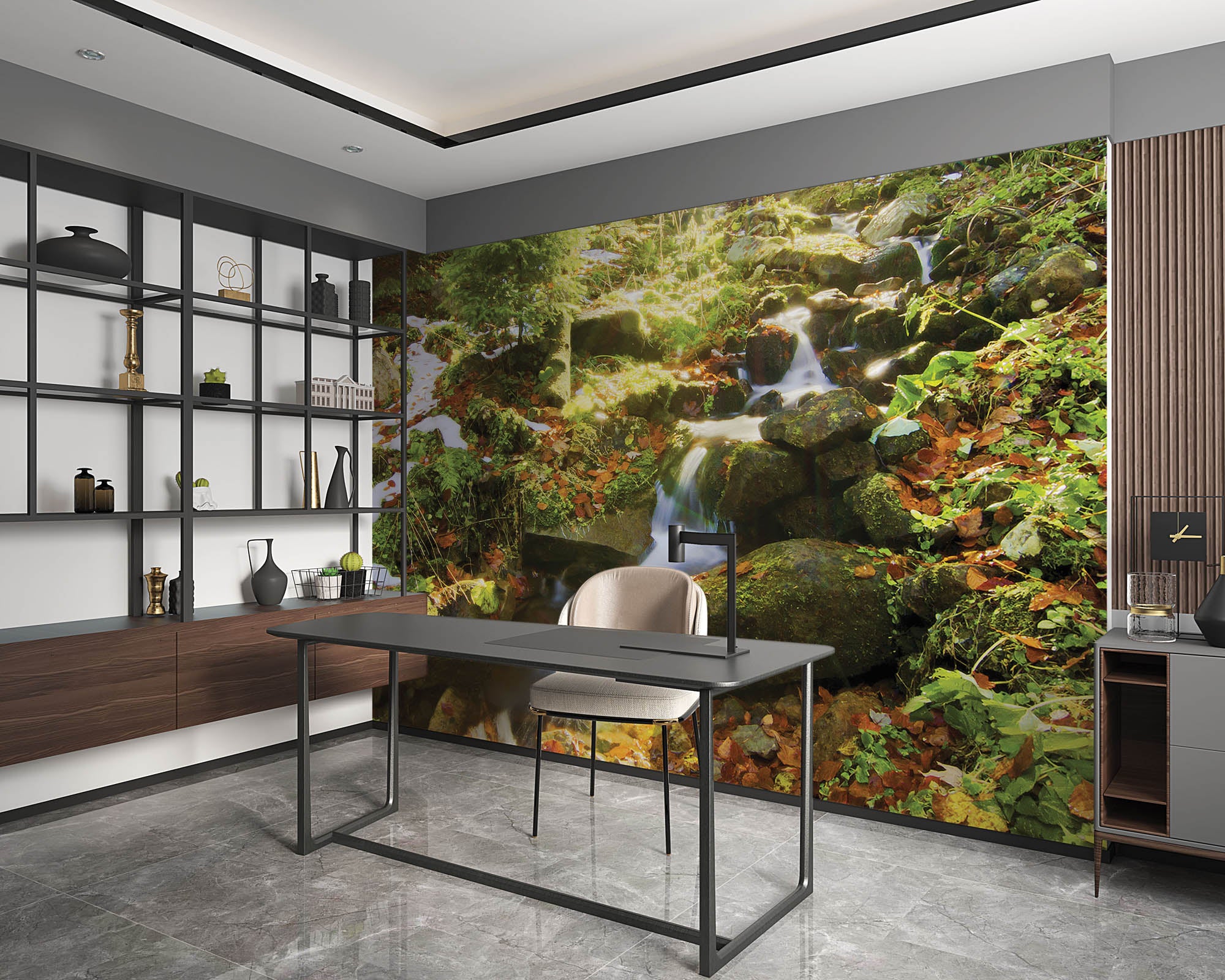 Waterval met de zon schijnend door de bomen - LW00250 Fotobehang