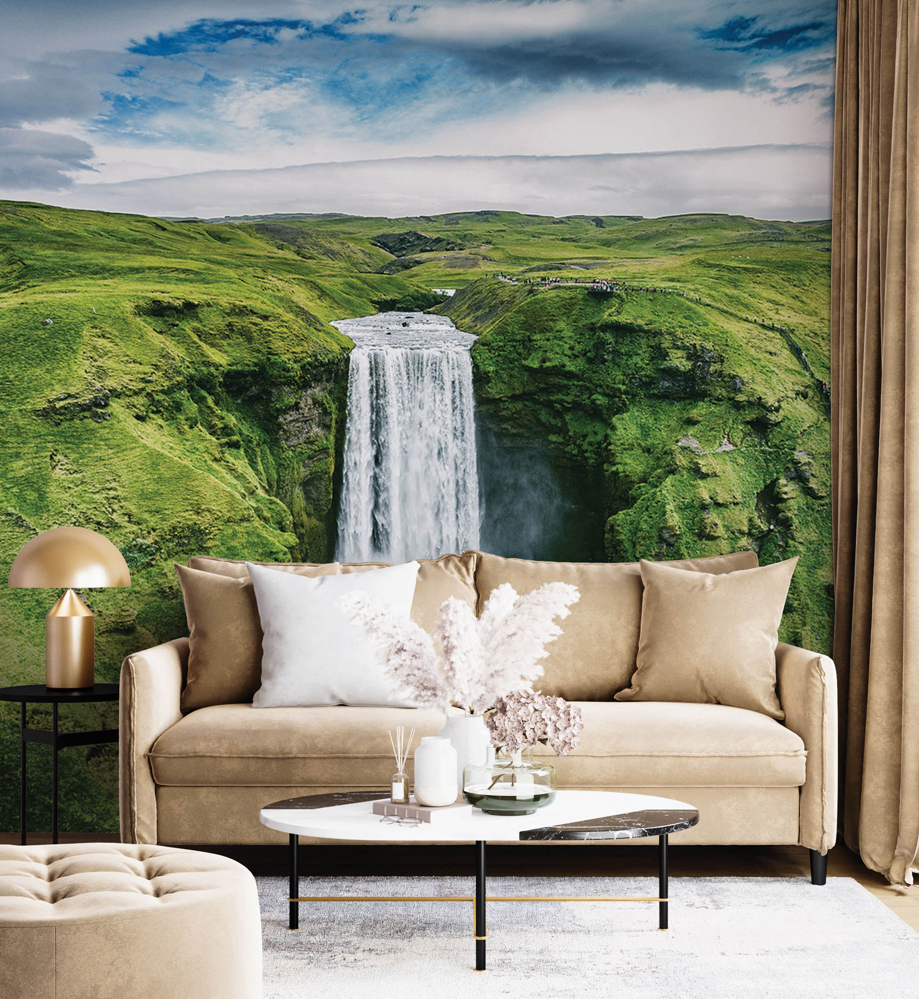 Waterval omringd door groen gebergte - LW00283 Fotobehang