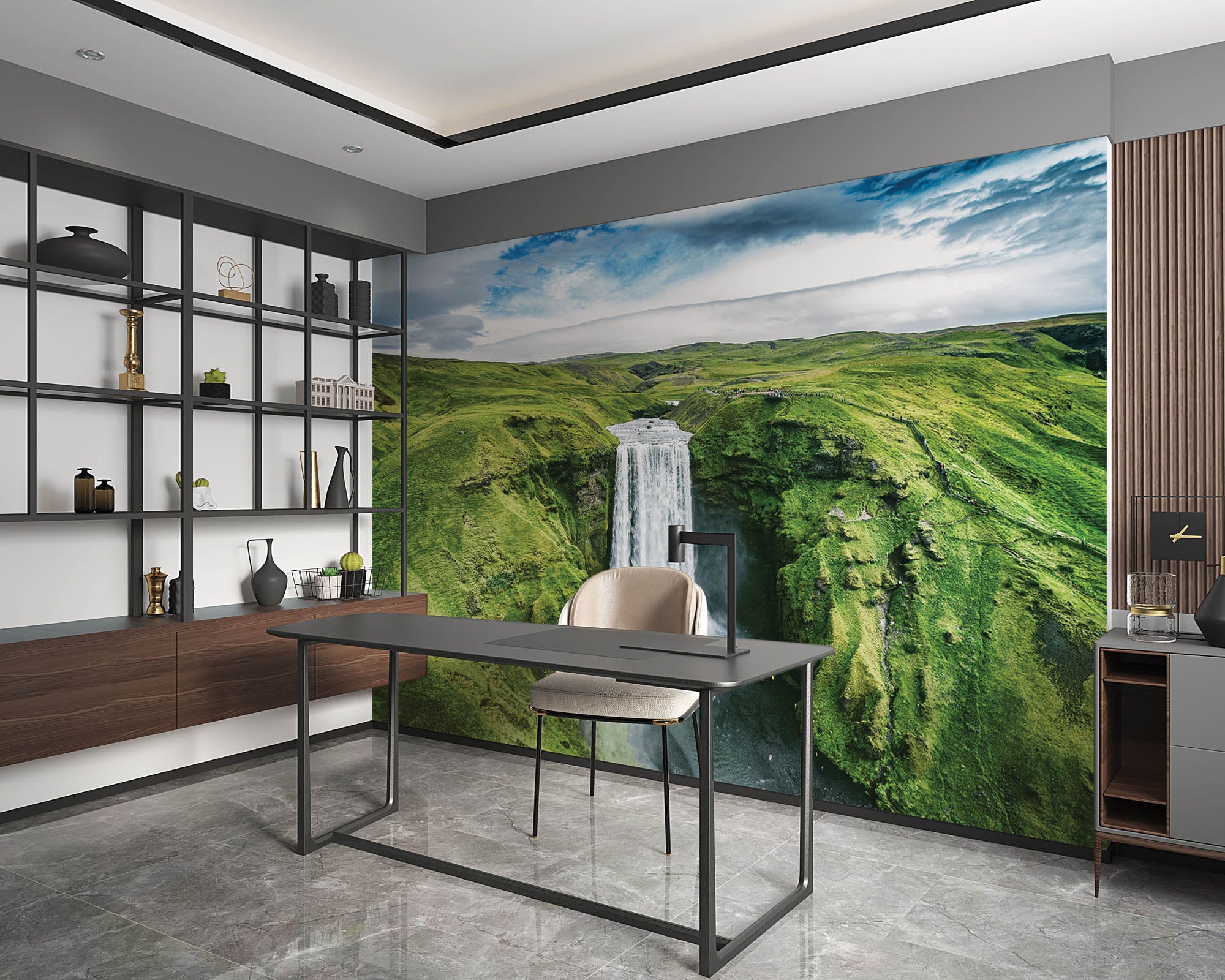 Waterval omringd door groen gebergte - LW00283 Fotobehang