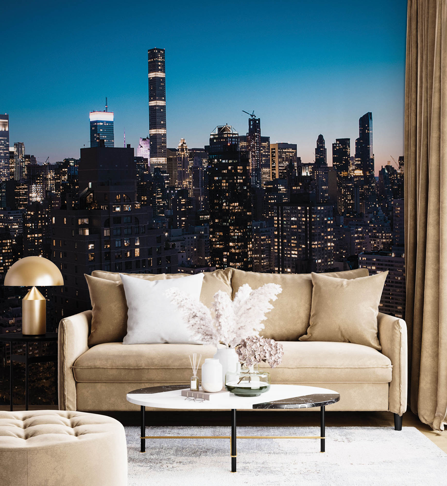 Wolkenkrabbers verlicht bij zonsondergang New York - LW00342 Fotobehang