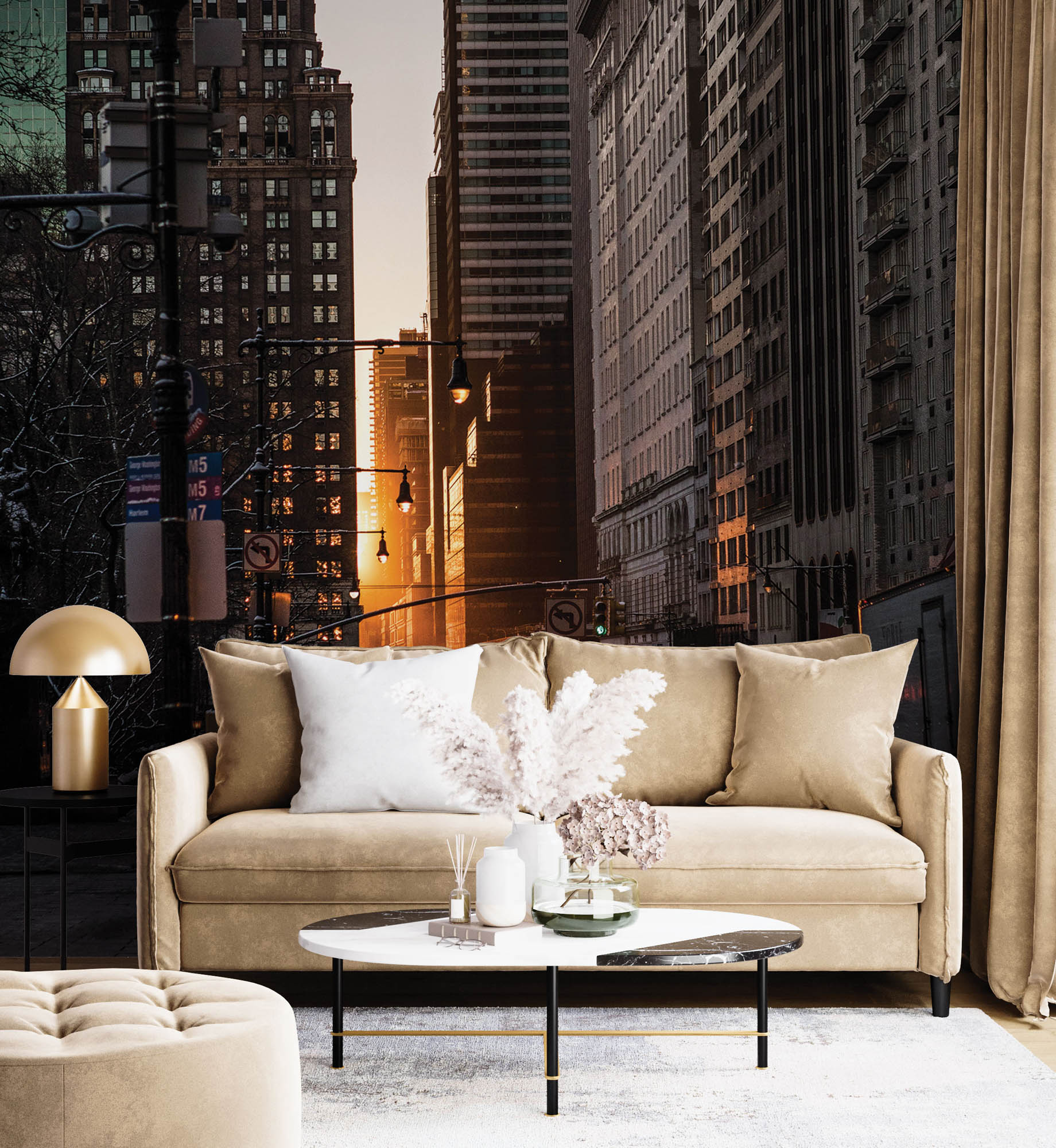 Zon schijnend door gebouwen New York - LW00335 Fotobehang