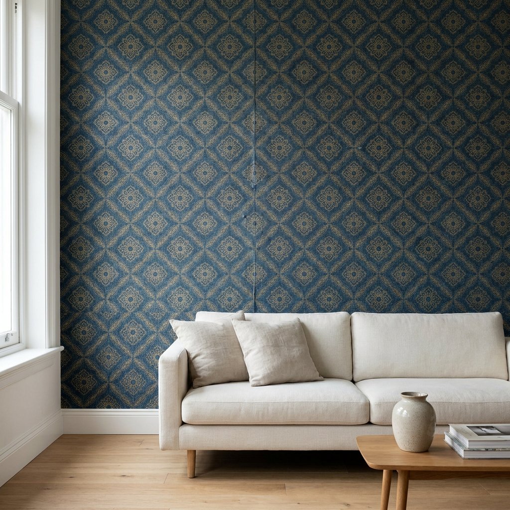 Matte vliesbehang feature wall in een moderne Nederlandse woonkamer toont zichtbare naden, luchtbellen en patroonverschil bij strijklicht.