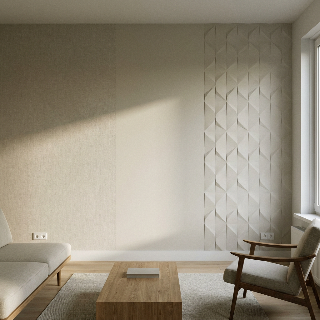 Moderne Nederlandse woonkamer met drie banen behang op één feature wall, van linnenlook tot vinyl en subtiel 3D-reliëf in zacht zijlicht.