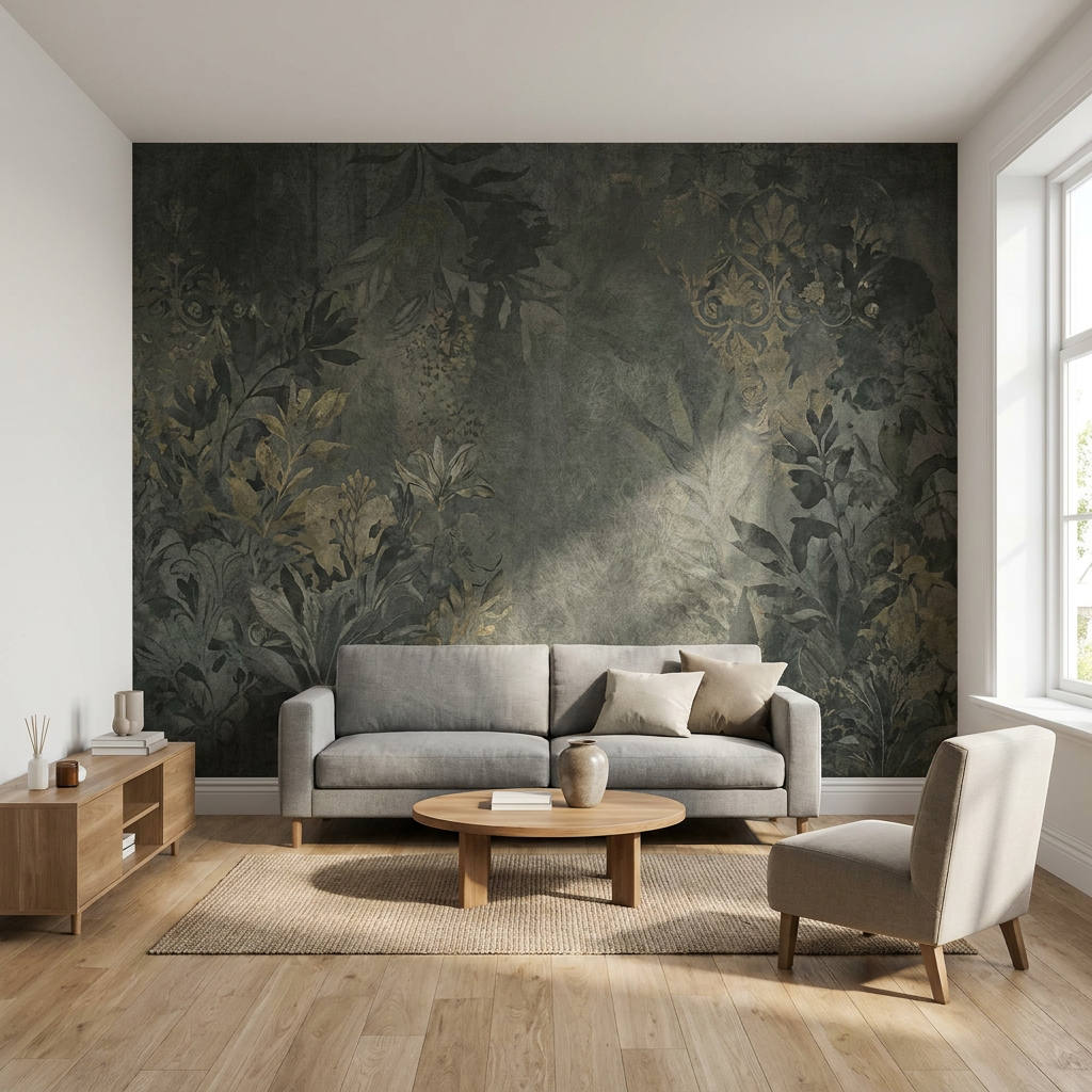 Moderne Nederlandse woonkamer met opvallend luxe vliesbehang op de accentmuur, zachte lichtinval, lichte eiken vloer en minimalistische styling.