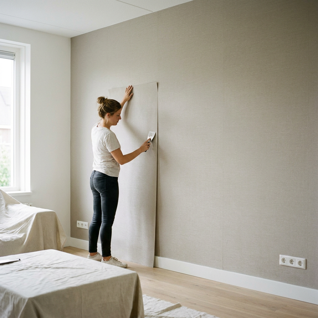 Bewoner brengt luxe wandbekleding strak aan op een witte muur in een moderne Nederlandse kamer, met loodlijn, lijm en fijne vezelstructuur zichtbaar.