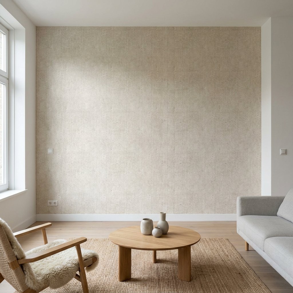 Moderne Nederlandse woonkamer met luxe wandbekleding op de feature wall, zichtbaar fijne vezeltextuur, lichte eiken vloer en zachte daglichtsfeer.