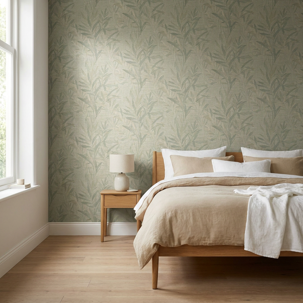 Moderne Nederlandse slaapkamer met luxe vliesbehang achter het bed, zachte aardetinten, licht eiken vloer en rustig daglicht.