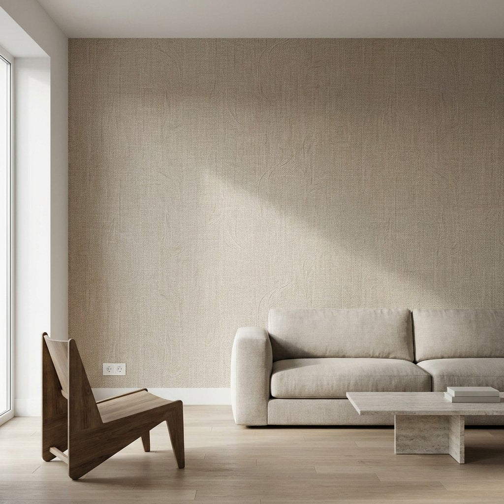 Moderne Nederlandse woonkamer met luxe wandbekleding als focusmuur, zichtbaar fijne vezeltextuur, licht eiken vloer en rustige Scandinavische styling.