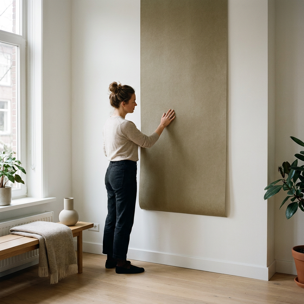 Moderne Nederlandse woonkamer met lichte vloer en witte plinten, waar een matte behangstaal op een feature wall wordt bekeken in zacht daglicht.