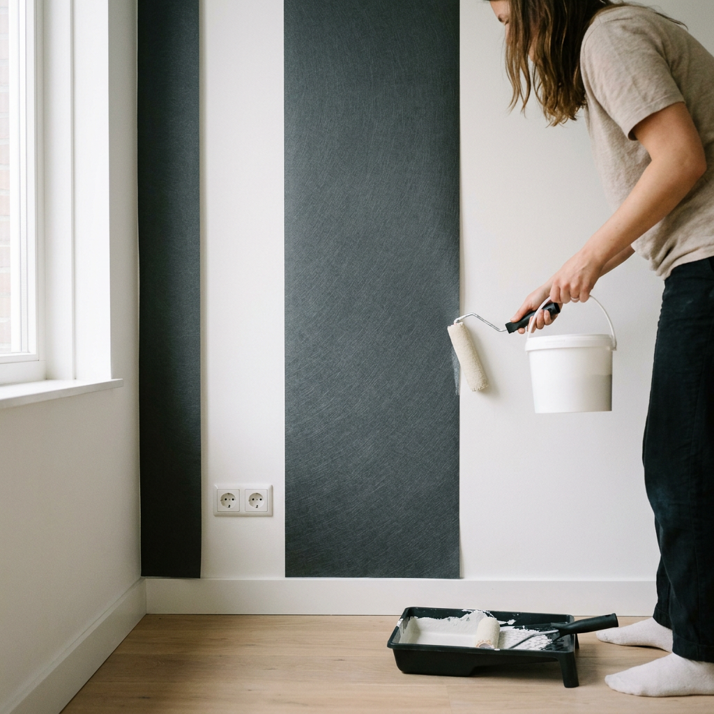 Bewoner brengt behanglijm gelijkmatig aan op een witte muur met modern vliesbehang in een strak Nederlands interieur met licht eiken vloer.