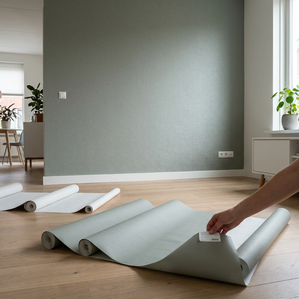 Moderne Nederlandse woonkamer met een matte vliesbehang accentmuur, behangrollen met labels in de voorgrond en een rustige, strak afgewerkte styling.