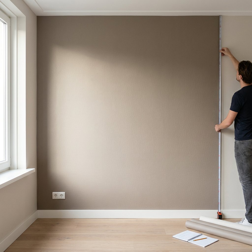 Lichte Nederlandse woonkamer met luxe Arte behang als accentmuur; iemand meet met rolmaat, rollen en potlood op eiken vloer, EU‑wandcontactdoos zichtbaar.