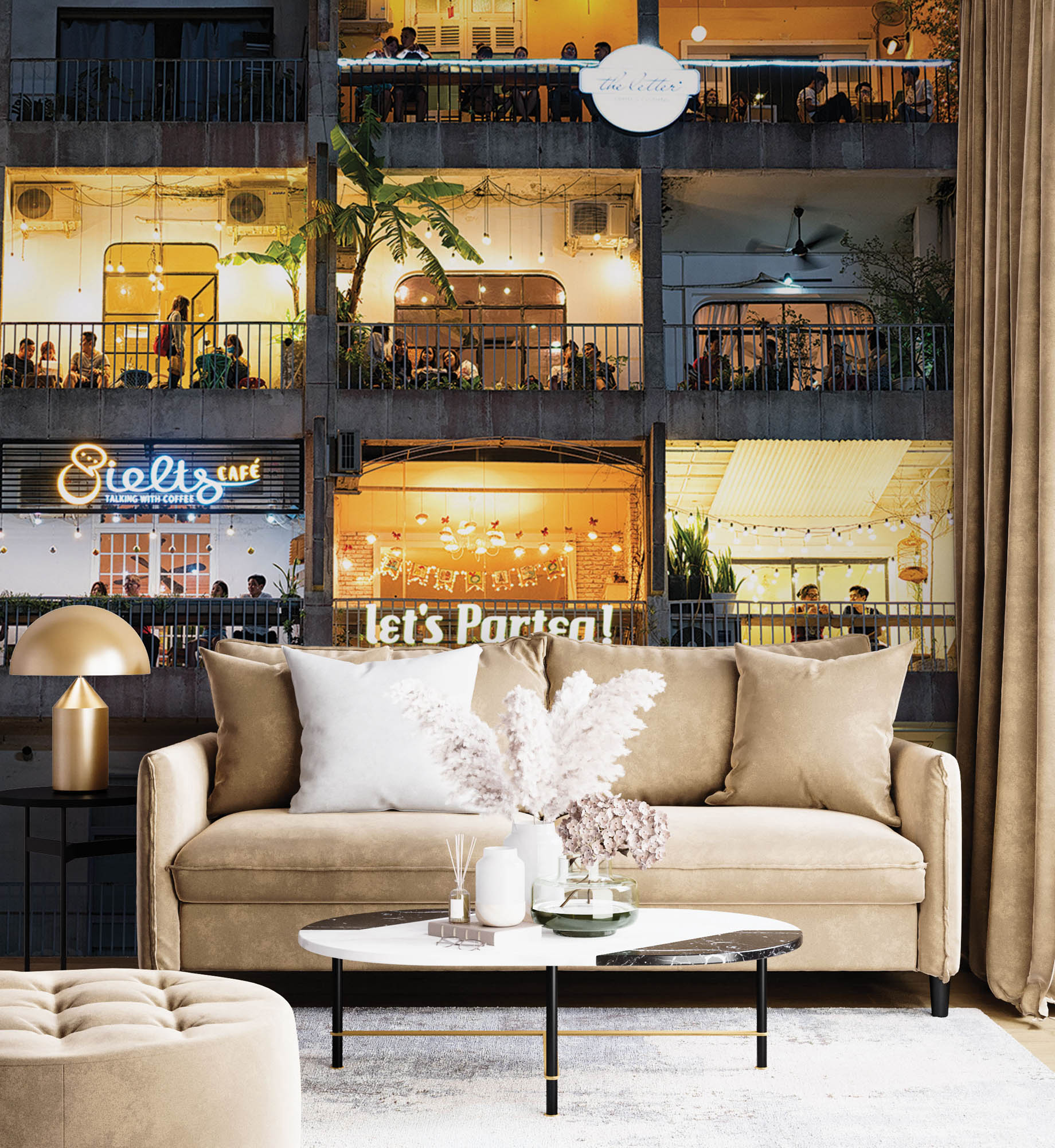 Appartementen gebouw met functie café - LW00379 Fotobehang