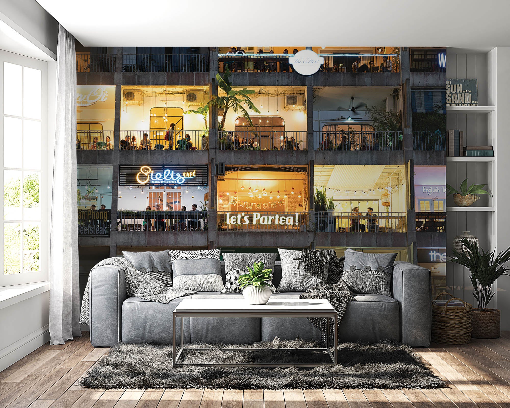 Appartementen gebouw met functie café - LW00379 Fotobehang