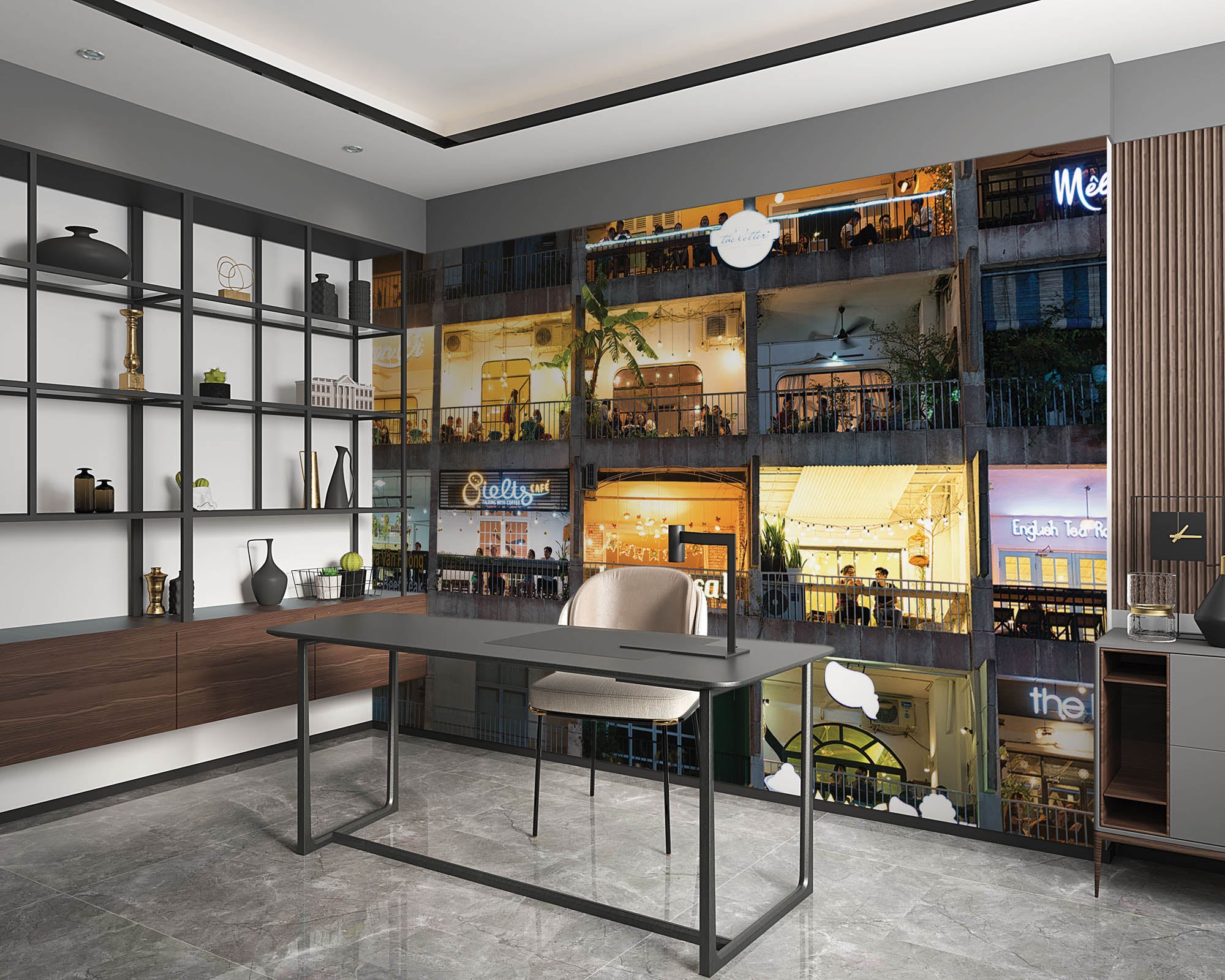 Appartementen gebouw met functie café - LW00379 Fotobehang