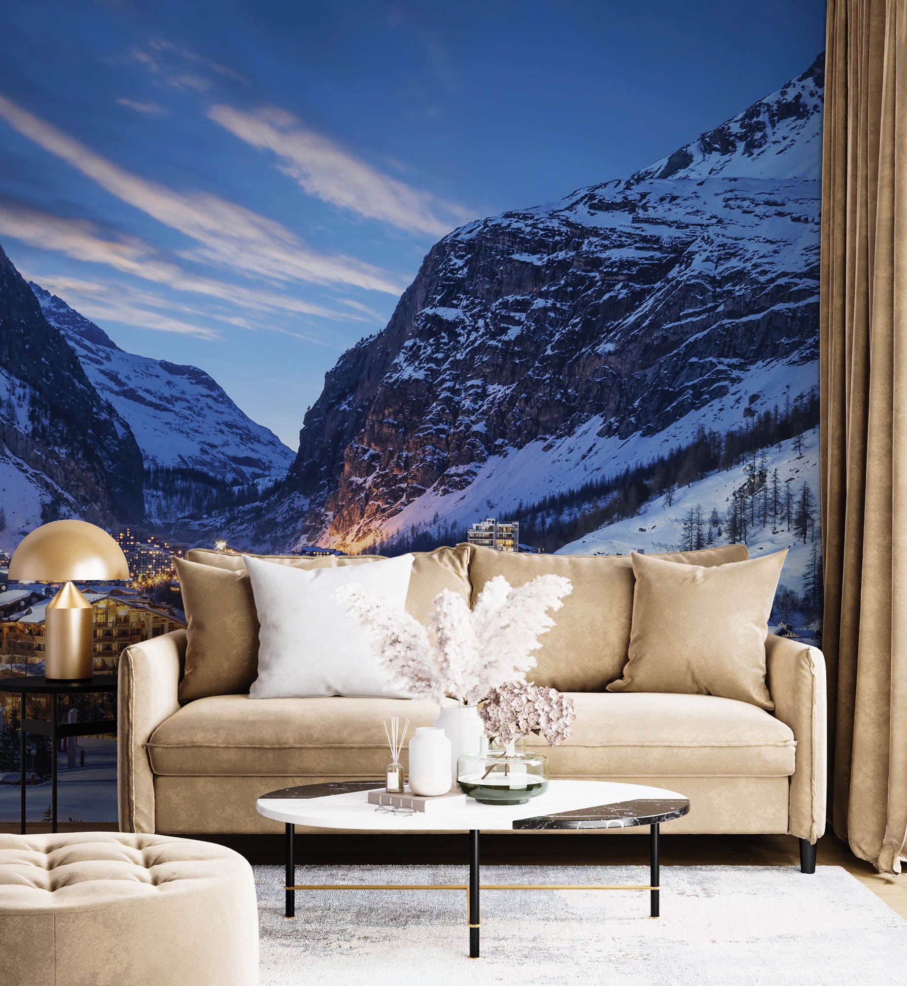 Avondlandschap skioord en alpen - LW00110 Fotobehang