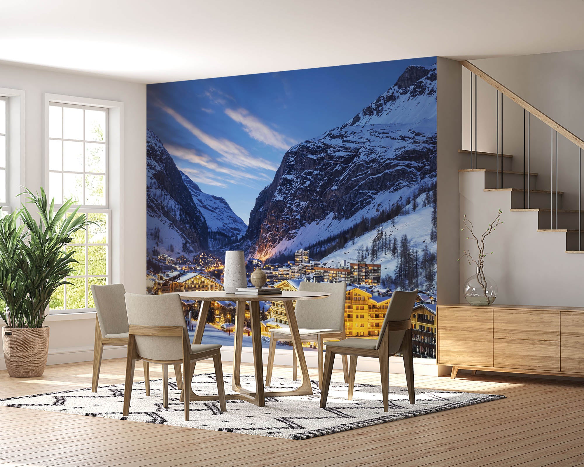 Avondlandschap skioord en alpen - LW00110 Fotobehang